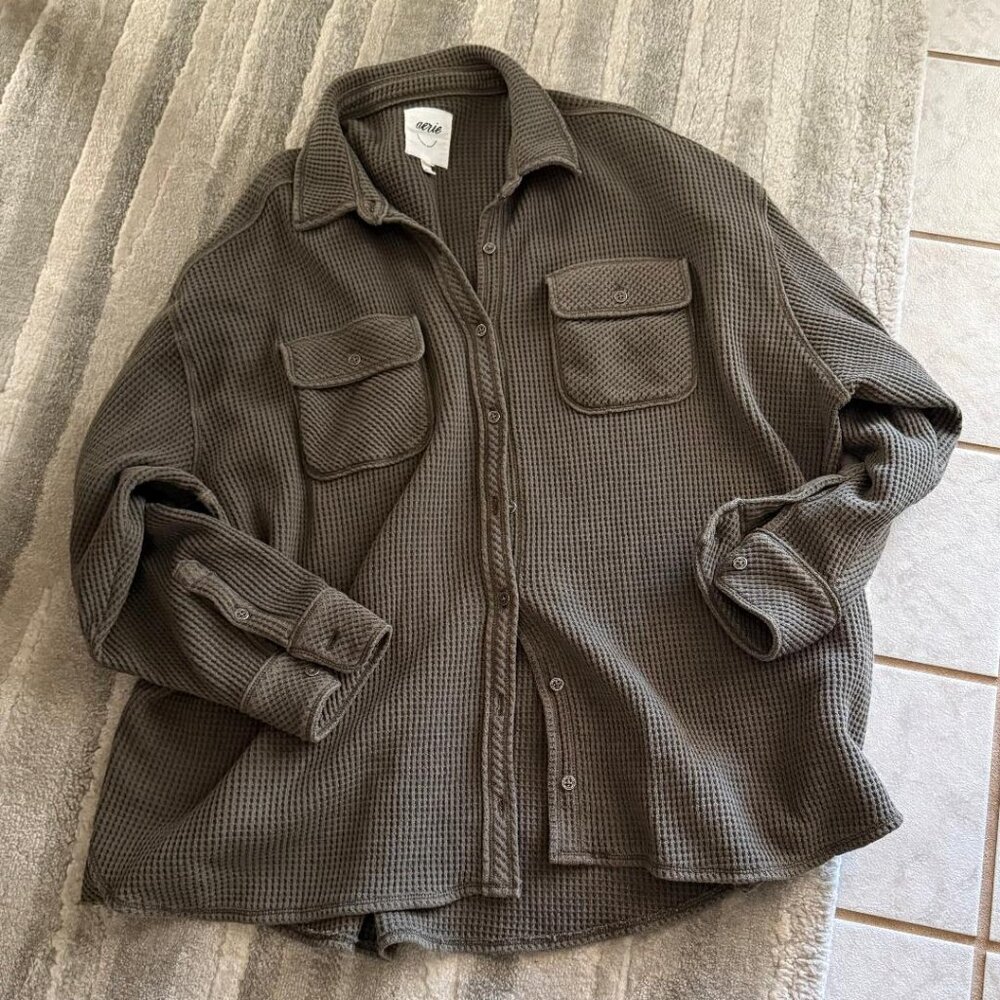 Aerie Lumberjane Waffleshirt, olive green, medium size